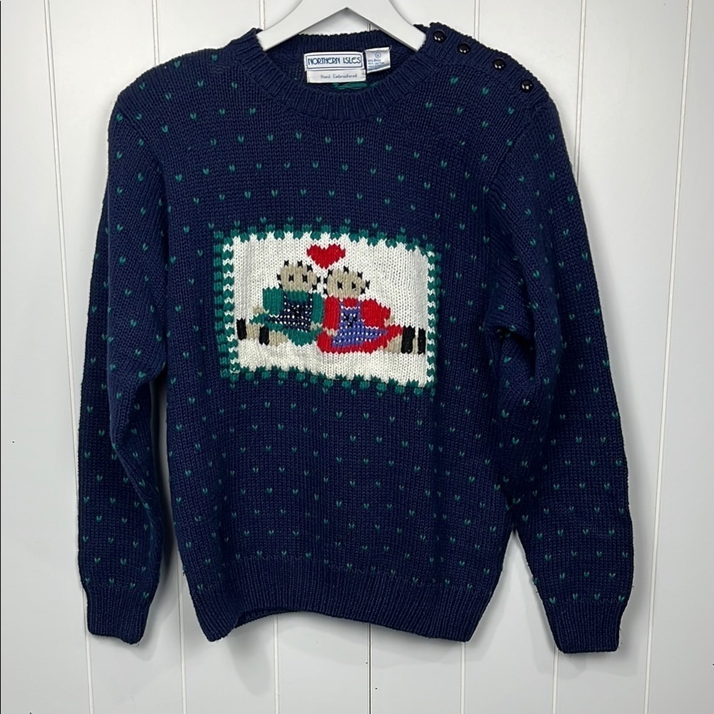 Northern Isle Womens Knit Sweater Navy Green XL Crew Neck Hand Embroidered EUC
